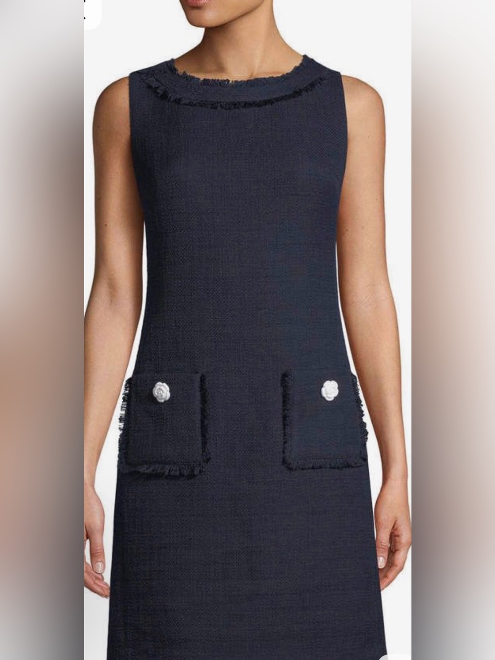 Karl Lagerfeld Paris Dress SZ 8 Black Tweed Pockets Rosette Button Accent lined
